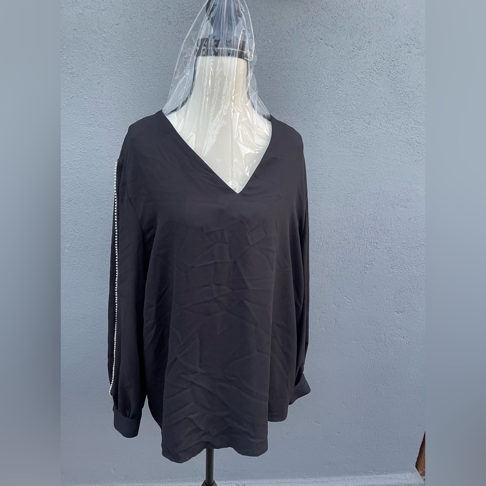Nine West Black V-Neck Blouse with Beaded Sleeves
